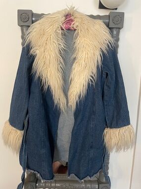 Show Me Your MuMu Blue Denim Coat with Cream Faux-Fur Trim